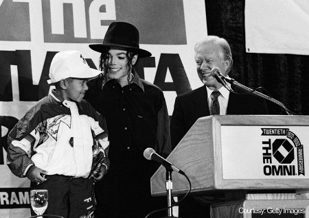 Michael Jackson, former President Jimmy Carter, and Emmanuel Lewis promote Atlanta Projects Immunization Drive May 5, 1993