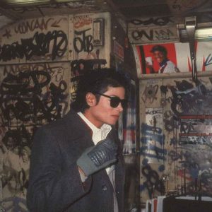 Michael Jackson in subway car during filming of Bad short film directed by Martin Scorsese, in New York, NY, November 1986
