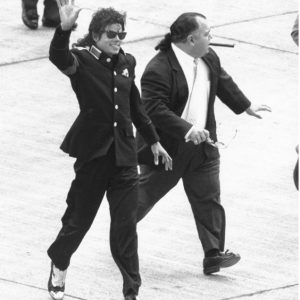 Michael Jackson arrives at Heathrow Airport with manager Frank DiLeo on Bad World Tour July 11, 1988