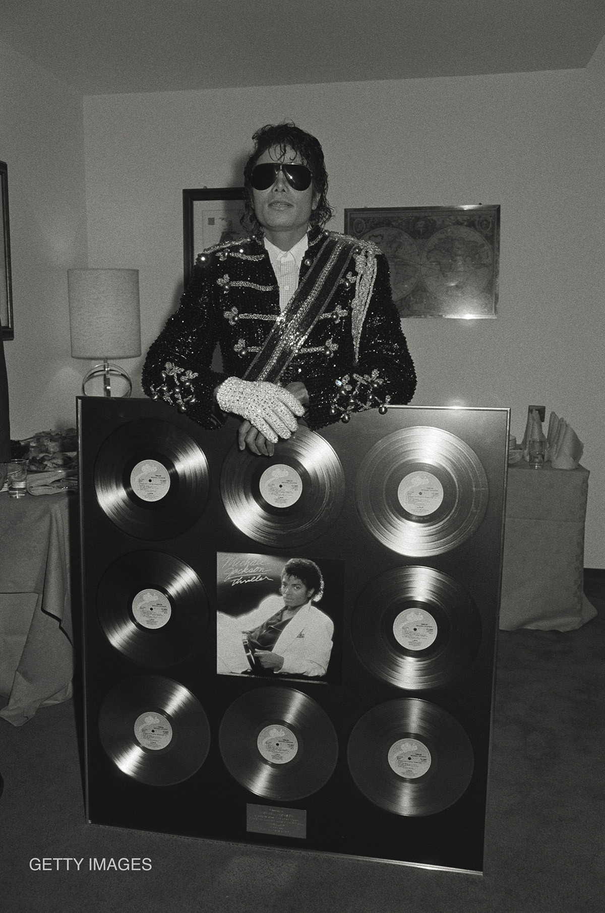 Michael Jackson in London to accept gold discs for his Thriller album in 1985