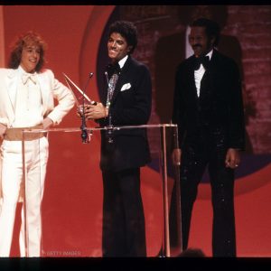 Michael Jackson accepts American Music Award for Favorite Soul/R&B Album for Off The Wall from Leif Garrett and Chuck Berry on January 18, 1980.