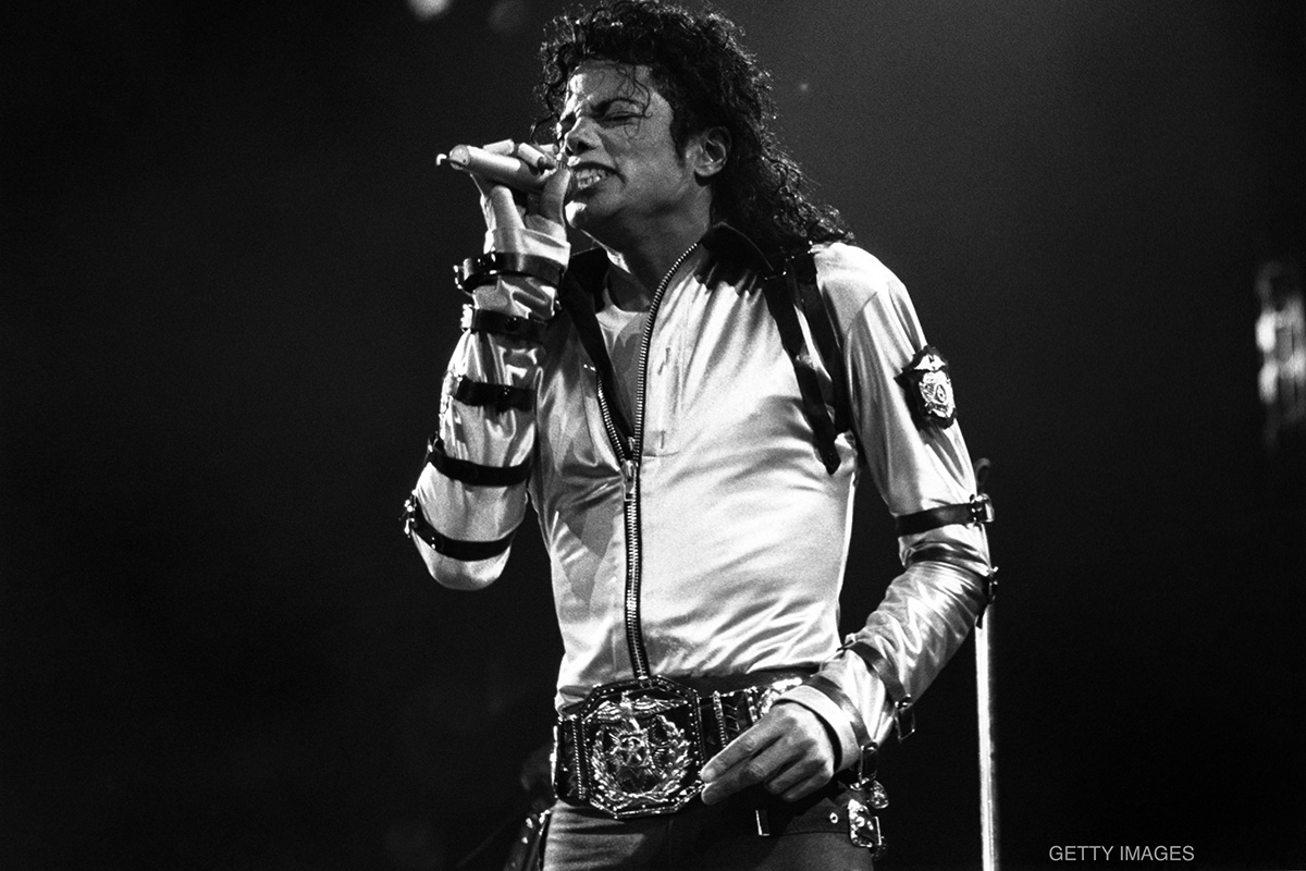 Michael Jackson performs during Bad World Tour at Rosemont Horizon in Rosemont, Illinois, April 19, 1988