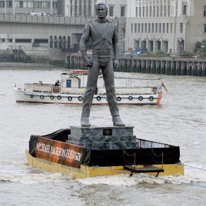 A Michael Jackson statue for the launch of HIStory floats on the River Thames in London in 1995.