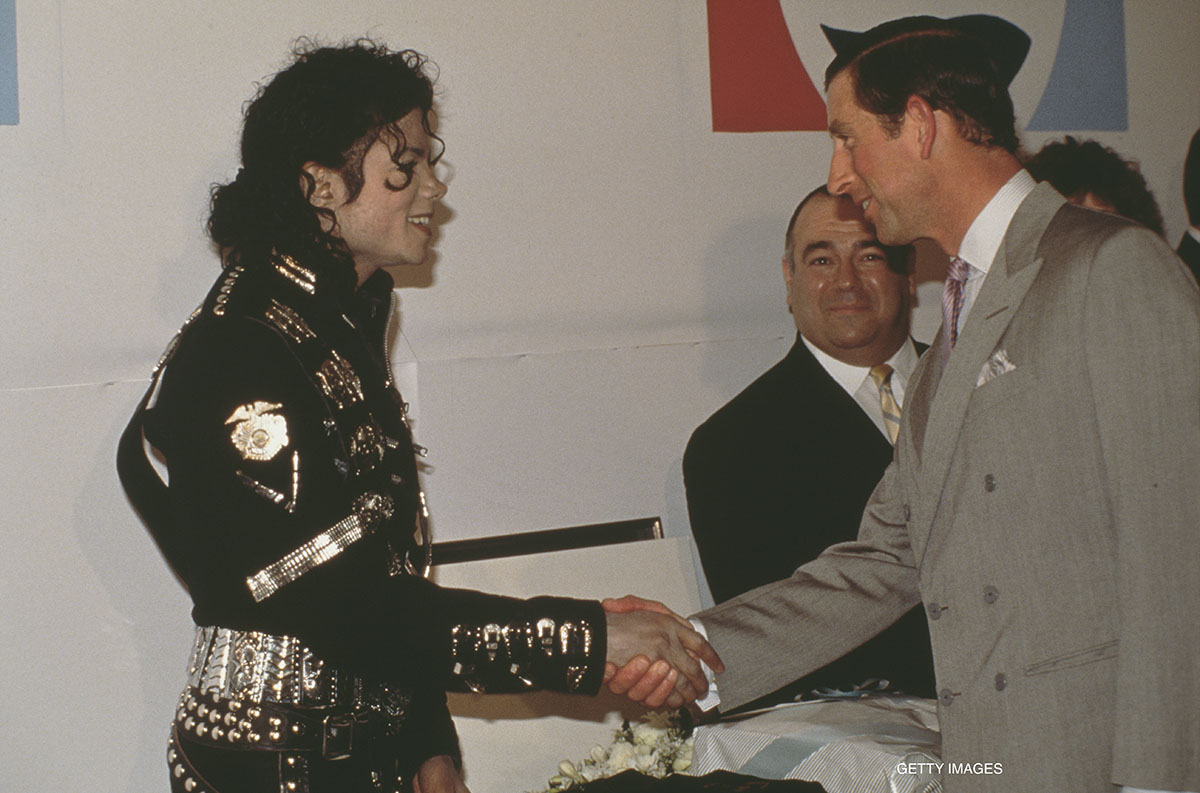 Michael Jackson meets Prince Charles backstage at Wembley Stadium in London before Michael's concert in aid of the Prince’s Trust charity on July 16, 1988. He presented Princess Diana and Prince Charles with two large charity donations, one for the Prince’s Trust, another for a UK Children’s hospital.