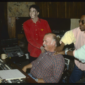 Michael Jackson, Bruce Swedien, and Greg Phillinganes in the studio during the recording of the Bad album.