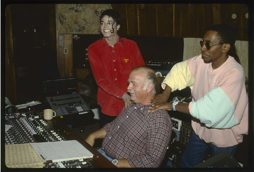 Michael Jackson, Bruce Swedien, Greg Phillinganes in studio for recording Bad album