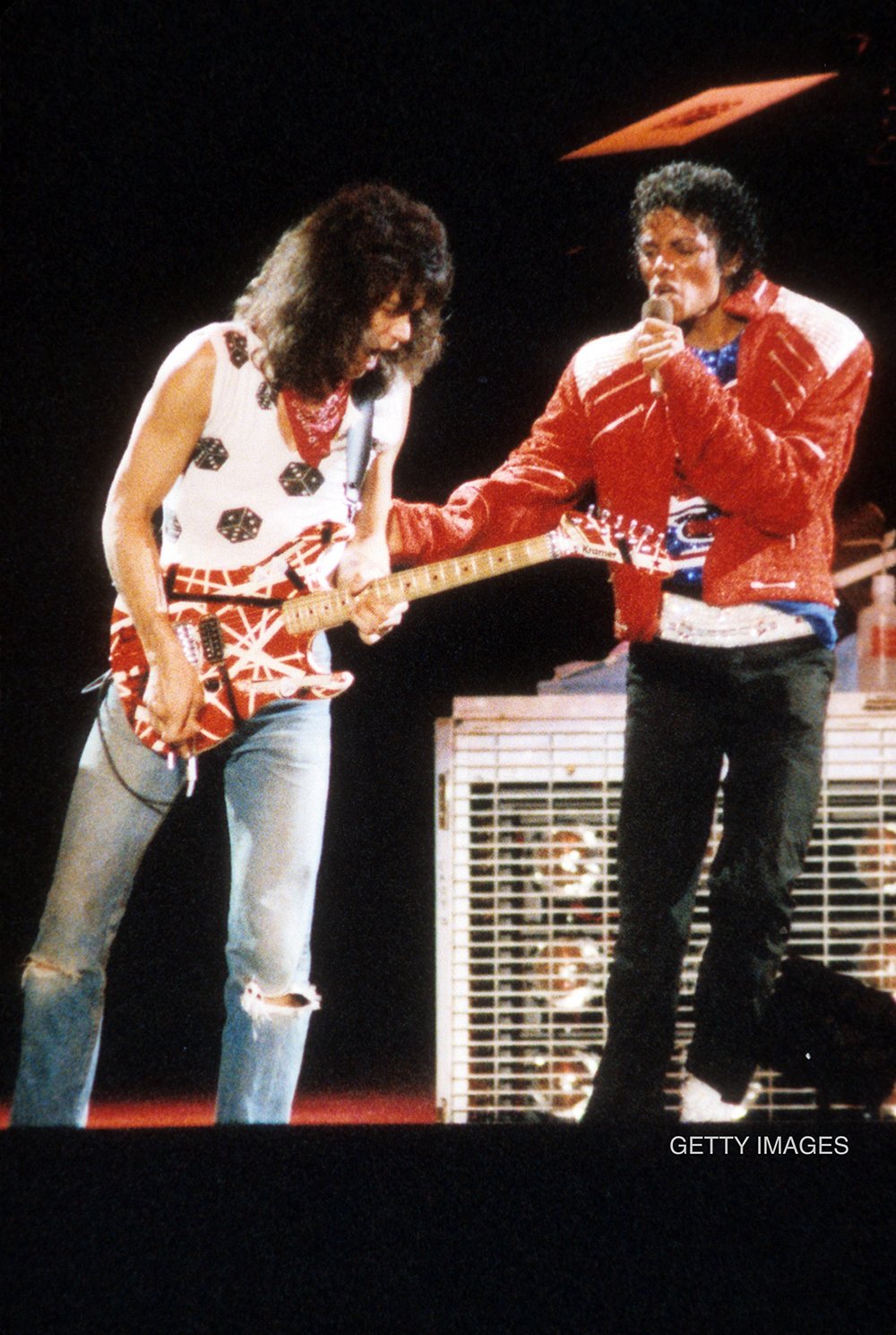 Michael Jackson and Eddie Van Halen perform Beat It on The Jacksons Victory Tour at Texas Stadium Dallas, Texas, July 14, 1984