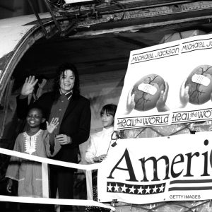 Michael Jackson with children at John F. Kennedy International Airport in New York, NY, November 11, 1992 for airlift of Michael Jackson’s Heal The World Foundation Donates Supplies To Sarajevo 1992.1 million medical supplies, blankets and clothing for Sarajevo from Heal the World Foundation
