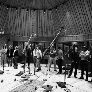 Cast members in recording studio for MJ the Musical cast recording