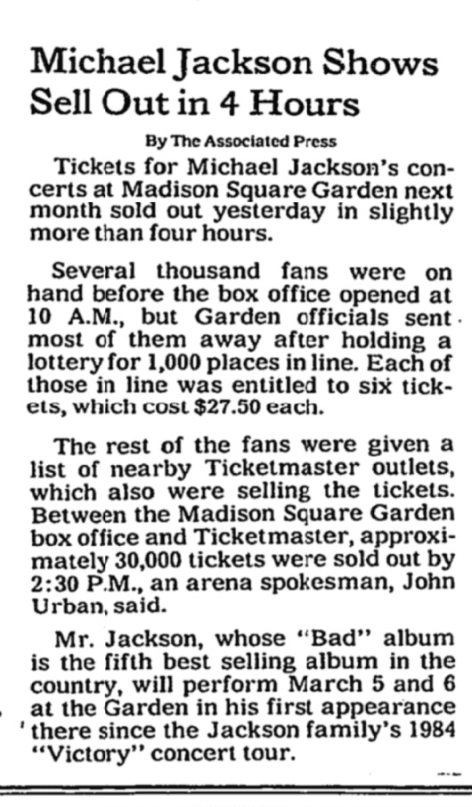 Michael Jackson’s NYC Bad Tour Dates Sold Out This Day In 1988