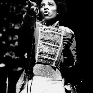 Michael Jackson performs with The Jacksons on Destiny World Tour at Rainbow Theatre in London, UK, February 6, 1979