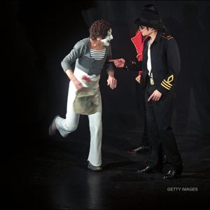 Michael Jackson and Marcel Marceau on stage unveiling MJ wax figure at Museum Grevin in Paris, France